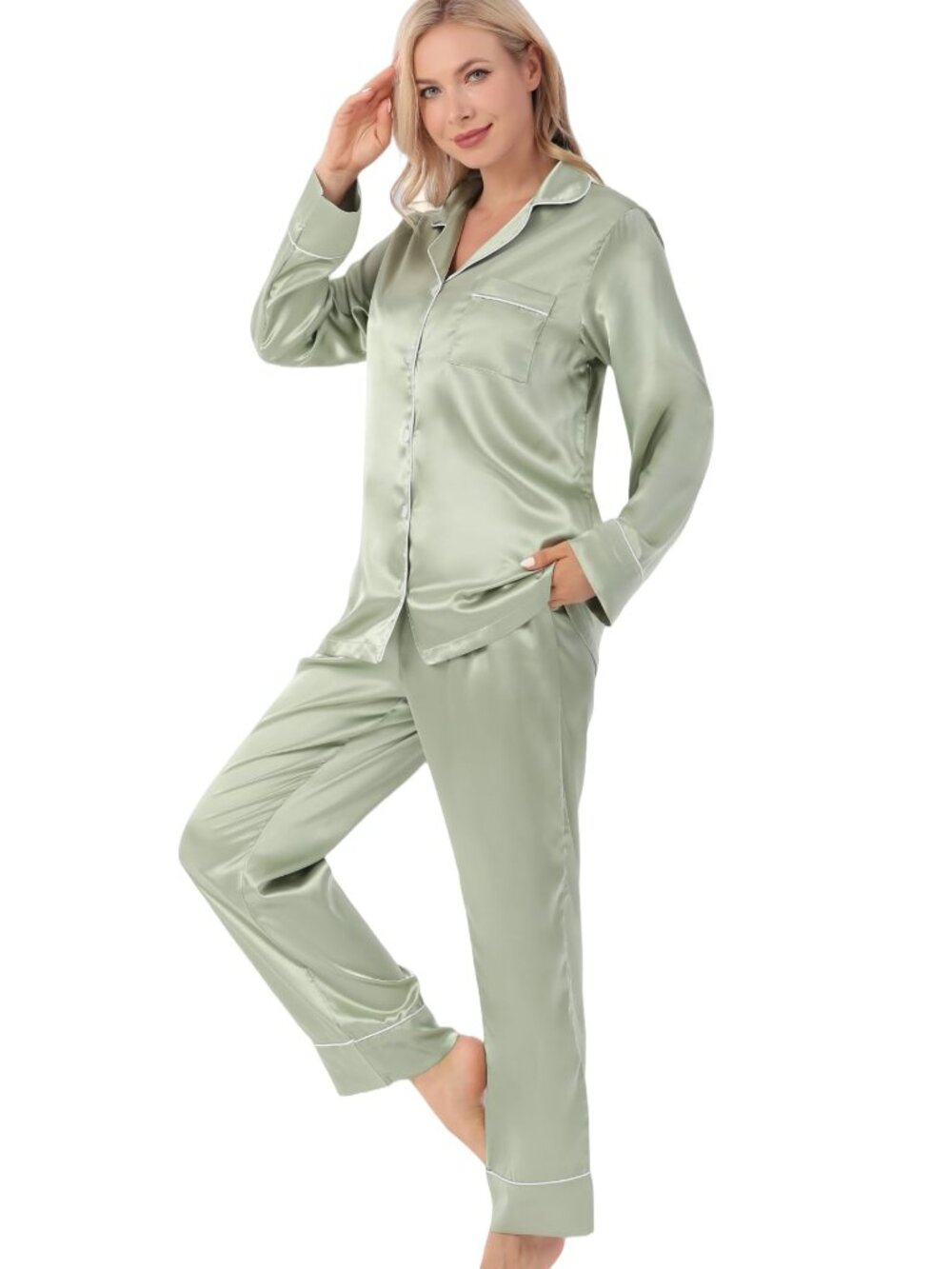 Crescentt Sage Green Silk Satin Pajama Set with Eye Mask – Luxury Sleepwear